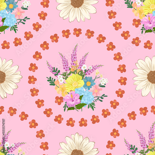 Seamless Floral Pattern with Colorful Wildflowers and White Daisies on Pink Background – Vibrant Botanical Garden Design Featuring Hibiscus, Hydrangea, and Daisy Blossoms for Fabric, Wallpaper