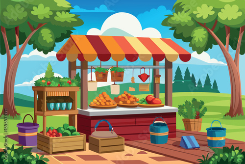 Vibrant outdoor market showcasing fresh produce and handmade goods in a sunny countryside setting