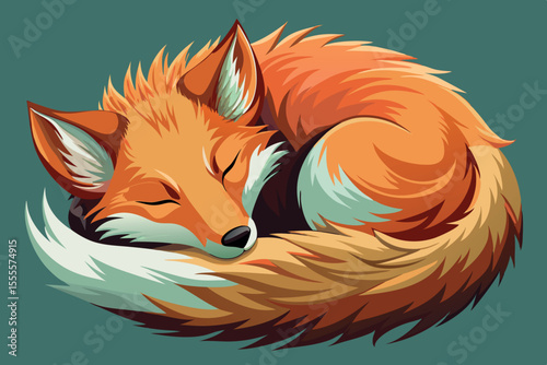 Fox curled up comfortably with its tail wrapped around its body in a cozy pose on a soft background