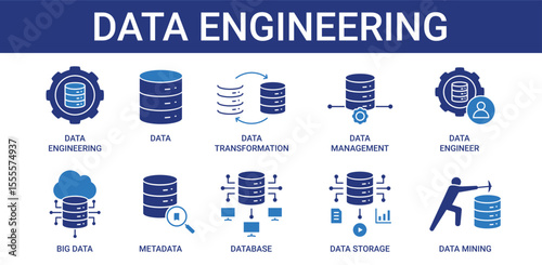 Data Engineering icon pack with data management, meta data and big data icon