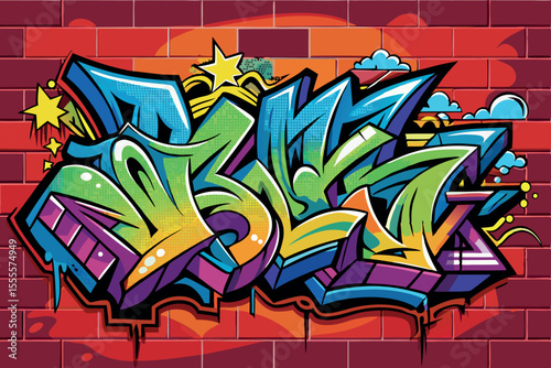 Colorful graffiti art displayed on a red brick wall showcasing vibrant shapes and designs in an urban setting during the day