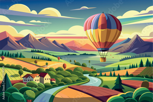 Colorful hot air balloon floats above vibrant countryside landscape during sunset