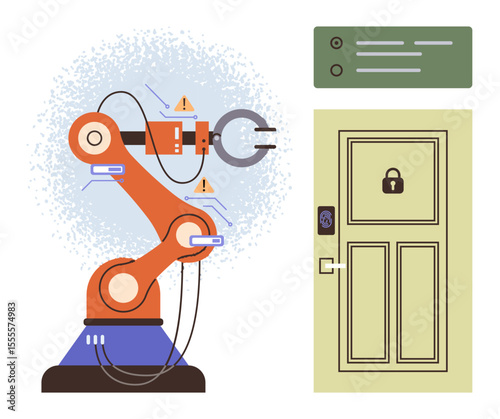 Robotic arm with warning signs and wires near locked door with keypad, accessed via control panel. Ideal for automation, security, robotics, innovation, AI, technology, simple flat metaphor