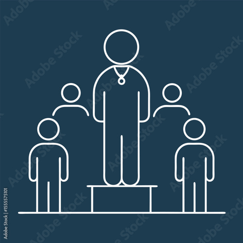 Leader on Podium Surrounded by Team Members Representing Success and Recognition in Business Management and Achievement