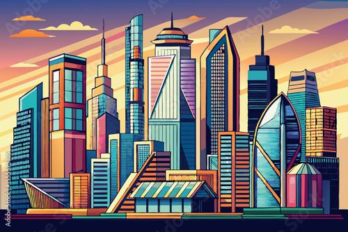 Modern city skyline features colorful buildings and vibrant architecture against a sunset background in an urban landscape