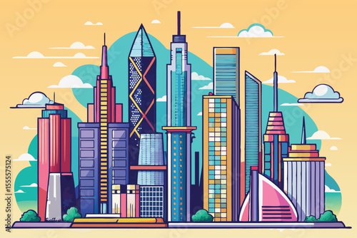 Vibrant skyline with modern skyscrapers and colorful architecture at sunset in a bustling urban setting