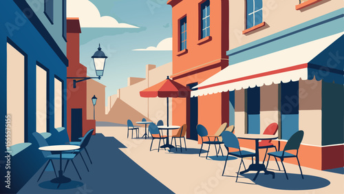 Street view with tables and chairs outside of the buildings landscape illustration