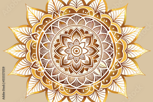 Intricate mandala design featuring floral patterns and detailed leaf motifs in gold and white on a warm beige background