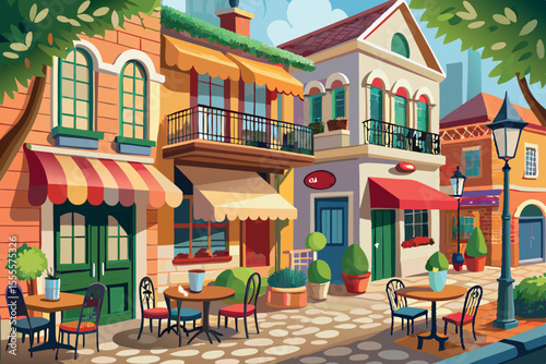 Charming outdoor cafe area in a vibrant street lined with colorful buildings under a clear blue sky