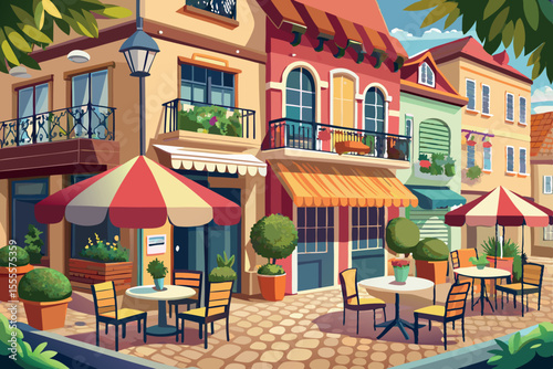 Charming outdoor cafe scene in a vibrant European town with potted plants and colorful awnings during a sunny day