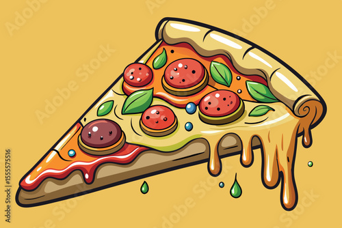 Delicious slice of pepperoni pizza with melted cheese and fresh basil on a vibrant yellow background