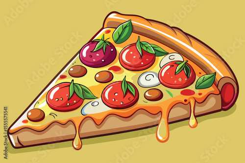 Delicious slice of pizza topped with fresh tomatoes, olives, basil, and mozzarella cheese on a vibrant yellow background