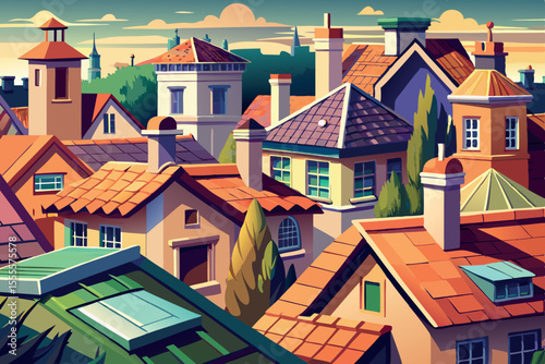 Colorful rooftops of a charming town under a vibrant sunset sky with distant towers visible in the background