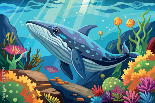 Colorful underwater scene featuring a whale swimming among vibrant marine life in a coral reef environment