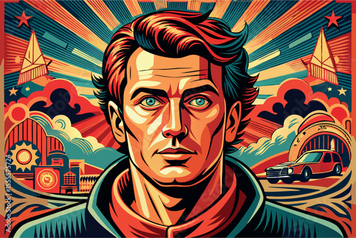 Bold retro style portrait featuring a determined man against a vibrant background filled with geometric shapes and symbols
