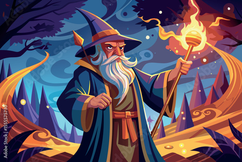 Mystical wizard stands in enchanted forest holding a glowing staff surrounded by swirling magic during twilight hours