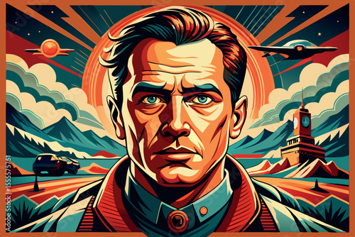 Emotionally charged portrait of a determined man against a vivid sci-fi landscape featuring mountains and futuristic elements