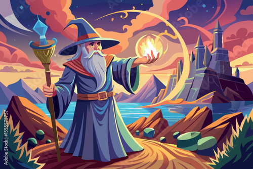 Wizard casting magic near a mystical castle and tranquil waters at sunset