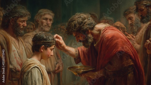 Photorealistic depiction of Samuel anointing David, capturing a solemn moment filled with reverence and anticipation