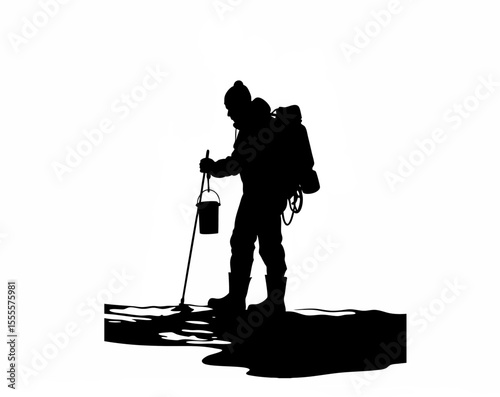 Silhouette of a scientist taking water samples from a glacier on white background