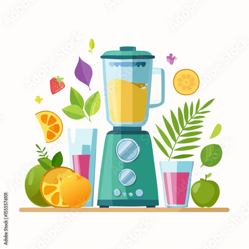 Stylized smoothie bar with fresh fruits, blender, and glasses, vibrant colors and organic shapes