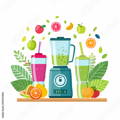 Stylized smoothie bar with fresh fruits, blender, and glasses, vibrant colors and organic shapes
