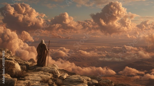 Photorealistic depiction of Moses on Mount Nebo, reflecting on his journey. The scene evokes a sense of peace and solemnity, capturing the moment of his passing as described in Deuteronomy 34.