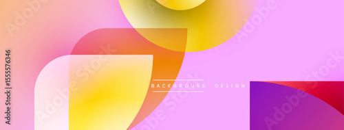 Abstract gradient shapes overlap. Pink, orange, yellow hues create modern background design. Minimalist aesthetic, smooth transitions present.