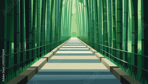 A path through a dense grove of tall green stalks of bamboo landscape illustration