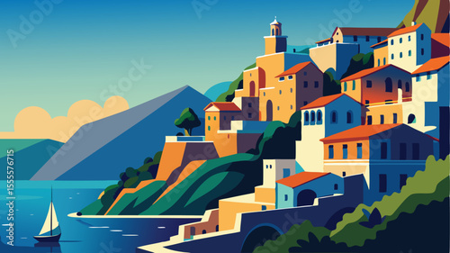 Coastal town with sailboat on water and mountains in distance landscape illustration
