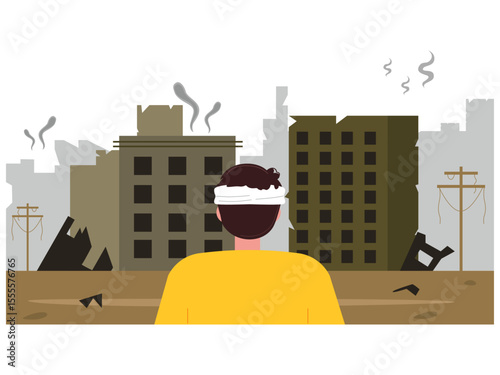 Man wearing a bandage on his head looking at a cityscape with damaged and destroyed buildings. War illustration. Flat vector illustration.