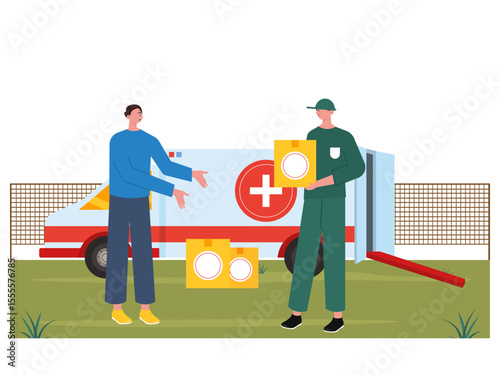 male volunteer receiving boxes of medicine and medical supplies. War illustration. Flat vector illustration.