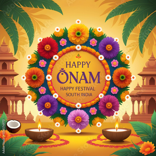 Festive Happy Onam greeting design with traditional floral rangoli (Pookalam), vibrant marigold flowers,