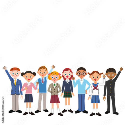 色々な学校の制服を着て並んでいる学生