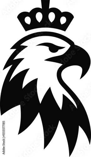 A striking black silhouette of an eagle's head featuring a crown, symbolizing nobility and strength. This design is perfect for logo designs, sports teams, or any project that conveys power.