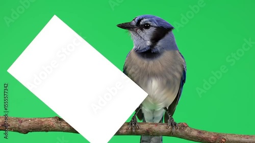 A vibrant blue jay perched on a branch against a bright green background, showcasing its vivid plumage