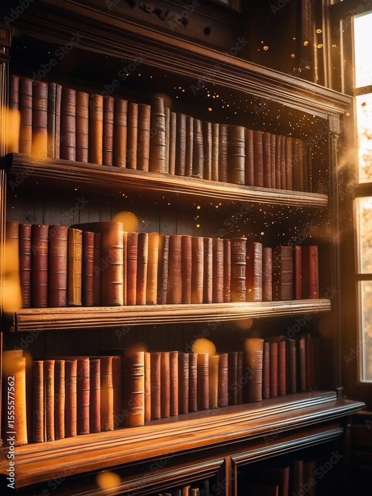 Obraz premium Library with Antique Books Beautiful Wooden Shelves and Golden Light