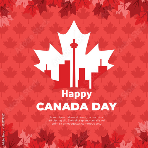 Canada Day celebration vector illustration featuring patriotic symbols, maple leaves, fireworks, red and white theme, and festive national elements


