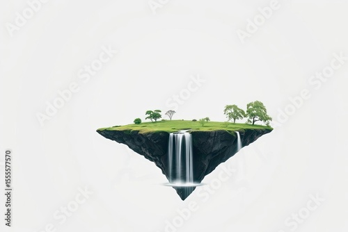 Floating island with waterfalls and trees against a stark white background