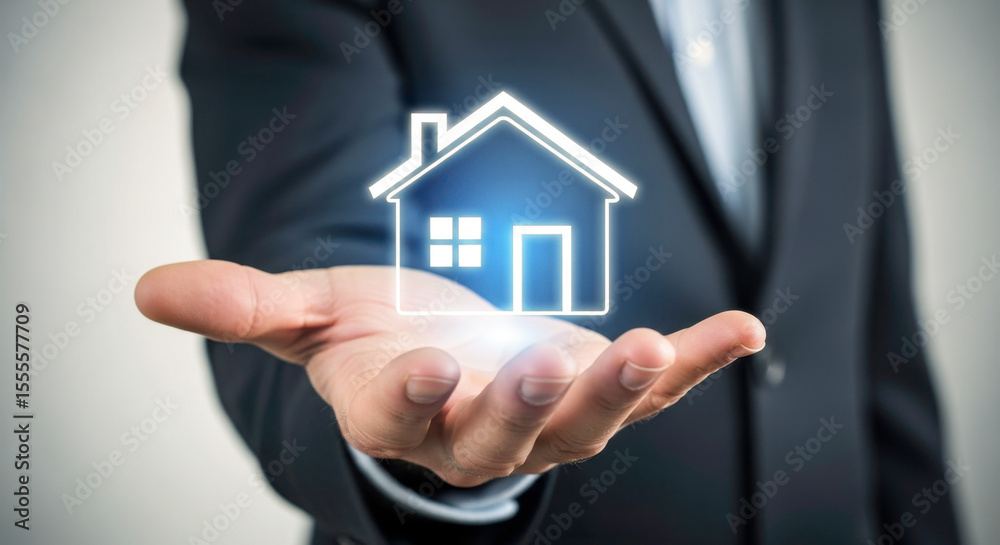 Real estate agent presenting a house home loan mortgage investment property insurance concept Real estate agent presenting a house home loan mortgage investment property insurance concept