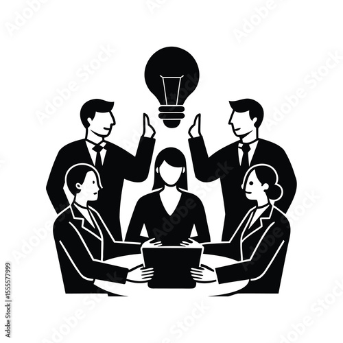 Black and white illustration of a team meeting with bright idea