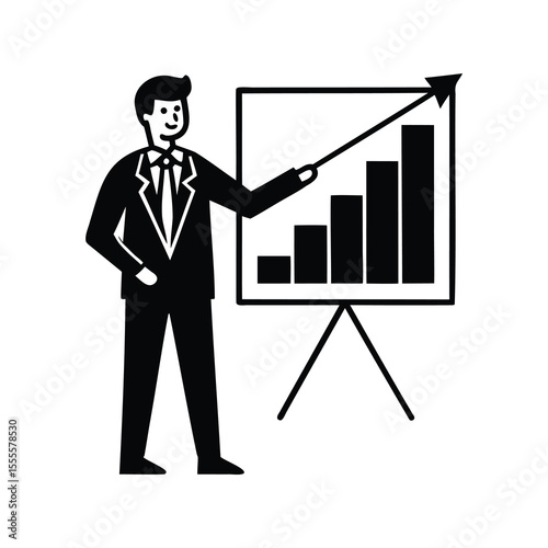 Businessman presenting bar graph with pointer demonstrating increasing financial profit growth