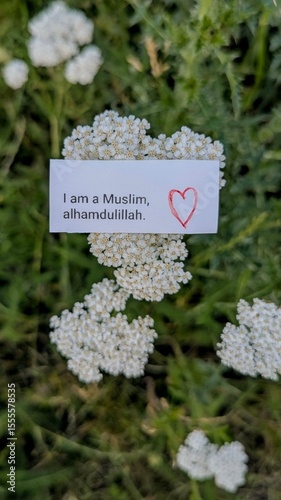 A sheet of white paper in nature with the inscription I am a Muslim Alhamdulillah