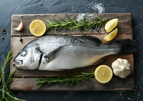 The seafood fish on the wooden board	
