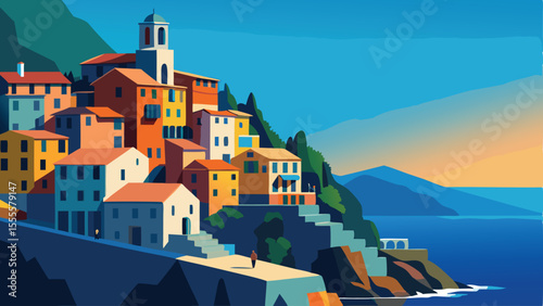 Colorful buildings on a hill overlooking the ocean and mountains landscape illustration