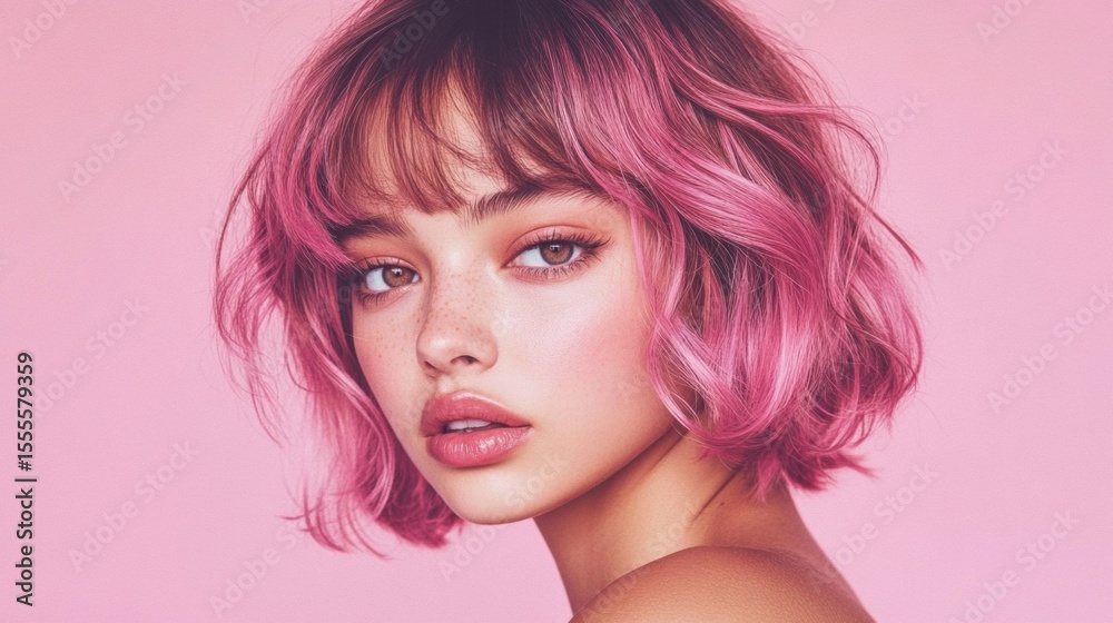 Close-up portrait of young woman with short wavy bob, pink A hair stands Close-up portrait of young woman with short wavy bob, pink A hair stands