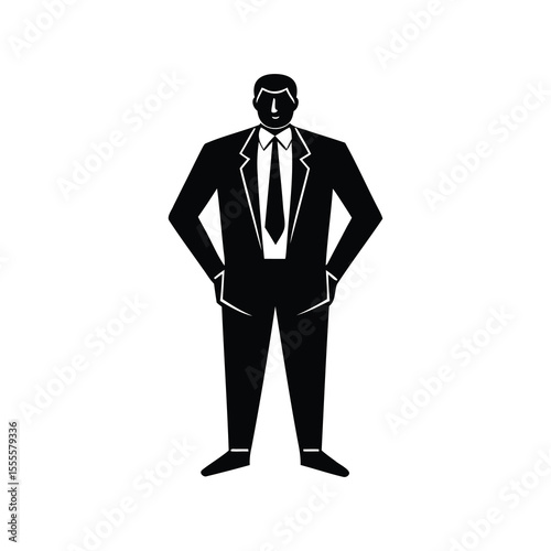 A simple black and white graphic design of a business professional
