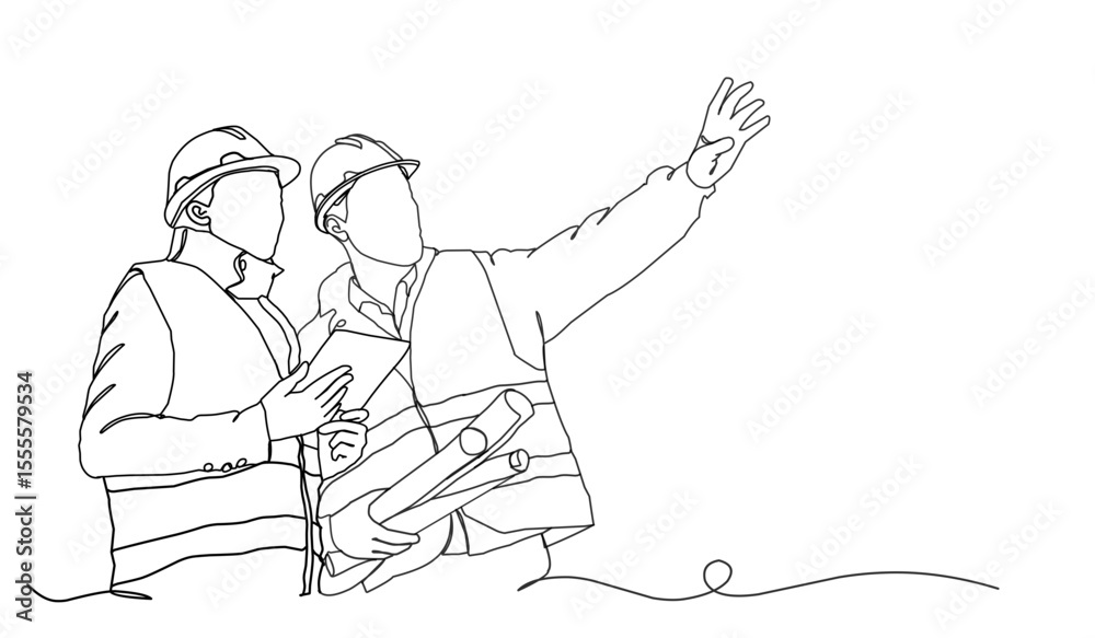 Fototapeta premium Line Art Drawing of a Construction Architect Working at a Site