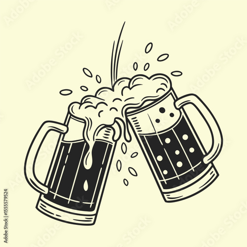 An illustration of two beer mugs clinking, with overflowing foam and droplets, on a light yellow background.
