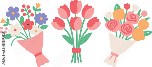 Charming Bouquets of Flowers Featuring Tulips and Assorted Blooms Wrapped in Decorative Paper for Celebratory Occasions and Artistic Designs